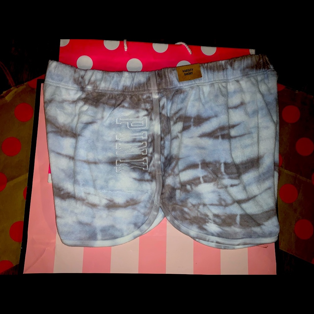 NEW VS PINK Artic Ice Grey Oasis Tie Dye Varsity Terry Logo Shorts.